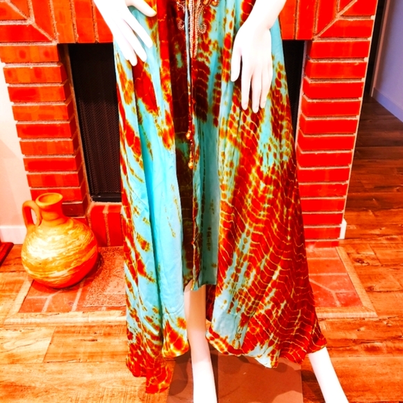 LAST ONE***MANISH VAID Ocean Dreams Turq. TIE DYE Hi-Lo Silk Emb. Dress-NWT-OS - Picture 6 of 9